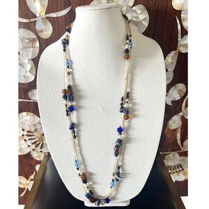 Custom Handmade Unusual Multi-Stone 75-inch Fun Necklace, Blues, Browns, White